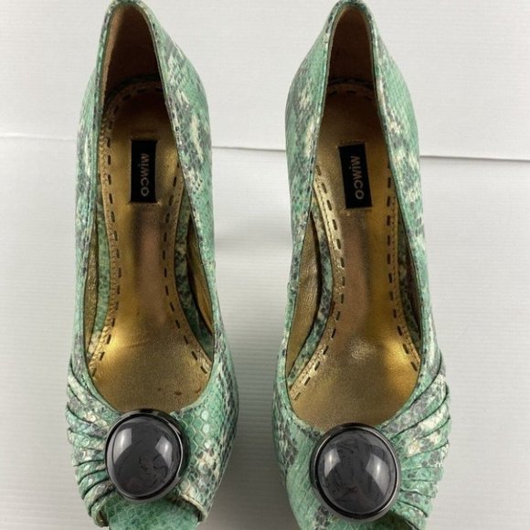 Women's Mimco Size 37 Green Reptile Print Peep Toe Stiletto High Heel Shoes - Picture 5 of 10